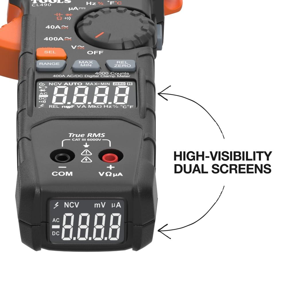 imageKlein Tools CL390 ACDC Digital Clamp Meter AutoRanging 400 Amp NCVT Tester HiViz LCD Display TRMS Continuity Resistance Temperature and MoreDual Display