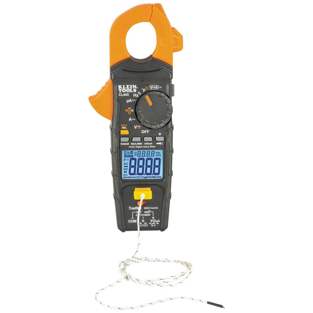 imageKlein Tools CL445 HVAC Clamp Meter AutoRanging TRMS NCVT Measures Voltage Current Temperature Micro Amps InRush and More1 12Inch Jaw