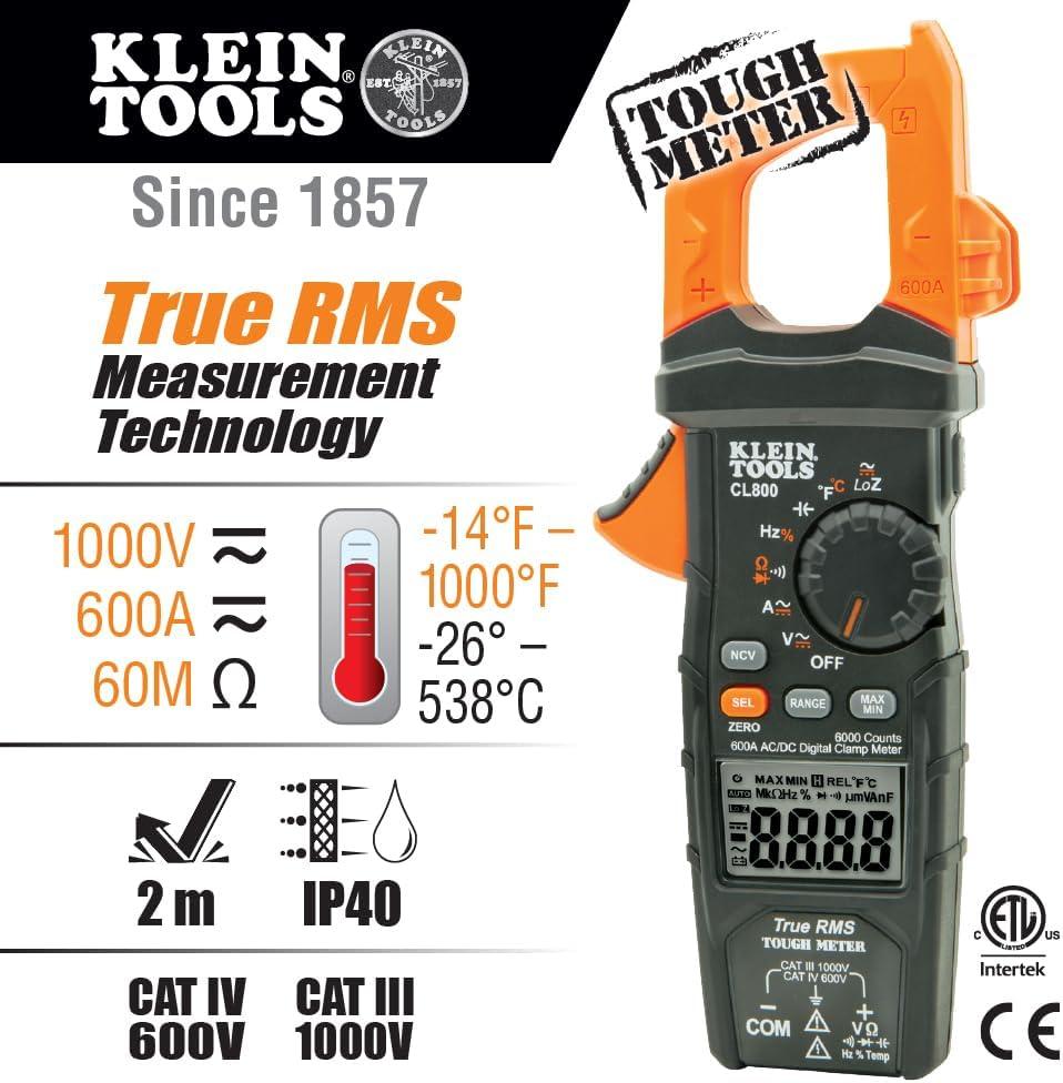 imageKlein Tools CL800 Digital Clamp Meter Auto Ranging TRMS ACDC VoltCurrent LoZ Continuity Frequency Capacitance NCVT Temp More 1000V