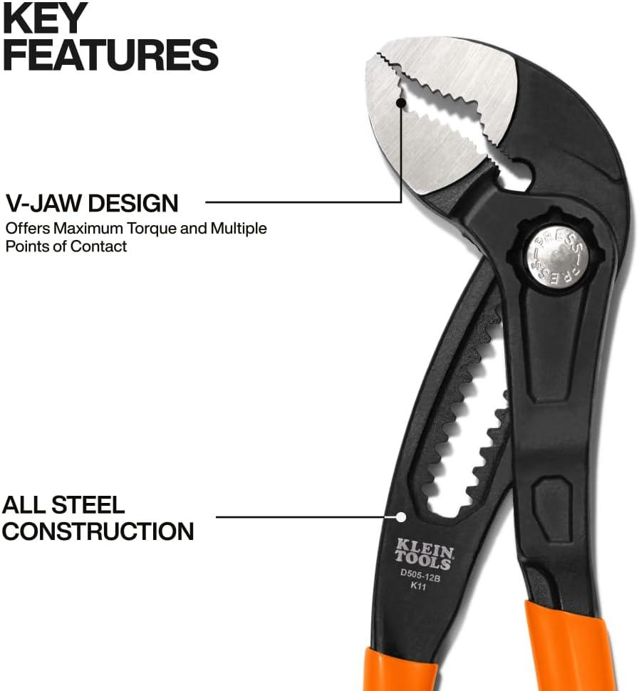 imageKlein Tools D5052BKIT 2Piece QuickAdjust Klaw Pump Pliers Set 7Inch and 10Inch Compact Design with VJaw and Hardened Teeth for Maximum Torque12Inch
