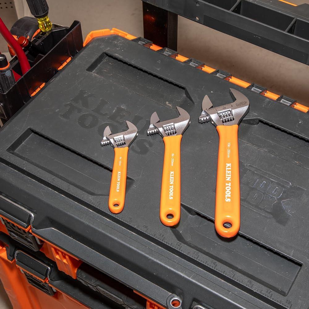 imageKlein Tools D5074 Adjustable Wrench Set Extra Capacity 6Inch 8Inch 10Inch 12Inch Forged Alloy Steel Metric and SAE 4Piece3Piece Kit