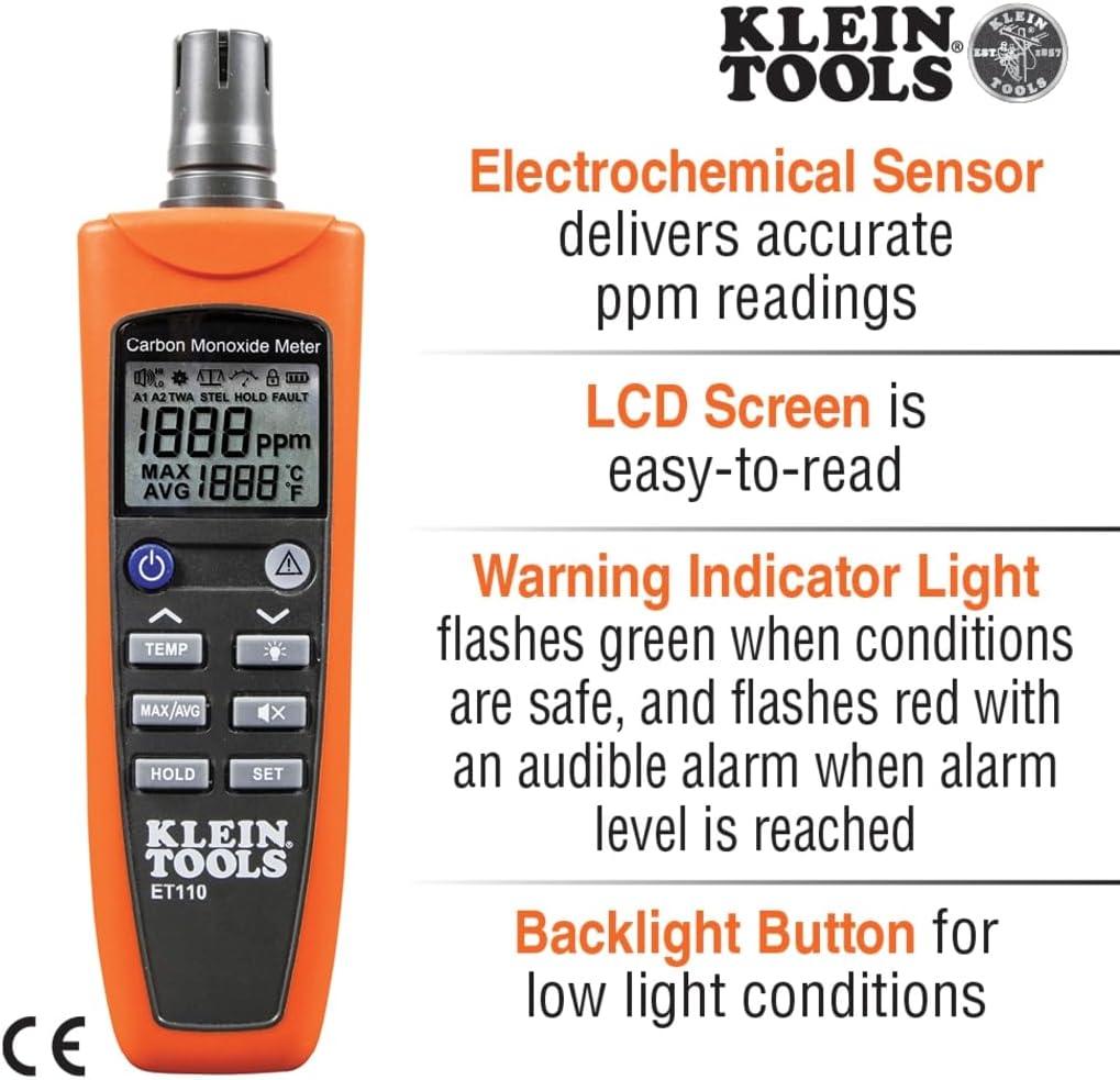 imageKlein Tools ET110 CO Meter Carbon Monoxide Tester and Detector with Exposure Limit Alarm 4 x AAA Batteries and Carry Pouch Included