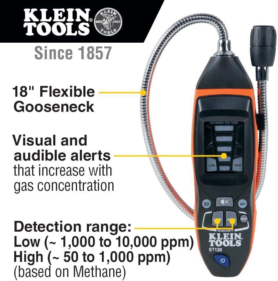 imageKlein Tools ET120 Gas Leak Detector Combustible Gas Leak Tester with 18Inch Gooseneck Has Range 50  10000 ppm Includes Pouch Batteries