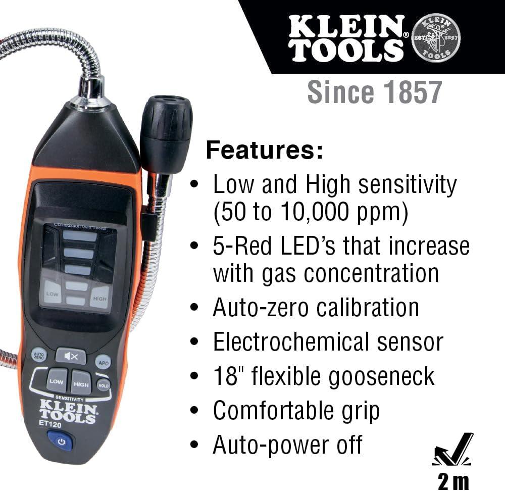 imageKlein Tools ET120 Gas Leak Detector Combustible Gas Leak Tester with 18Inch Gooseneck Has Range 50  10000 ppm Includes Pouch Batteries
