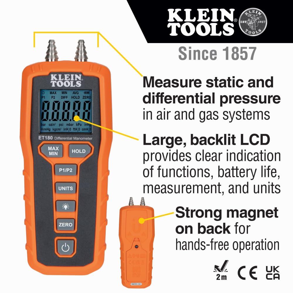 imageKlein Tools ET180 Digital Manometer Air and Gas Pressure Tester Differential Dual Port Pressure Gauge Large LCD Display with BacklightOne Size