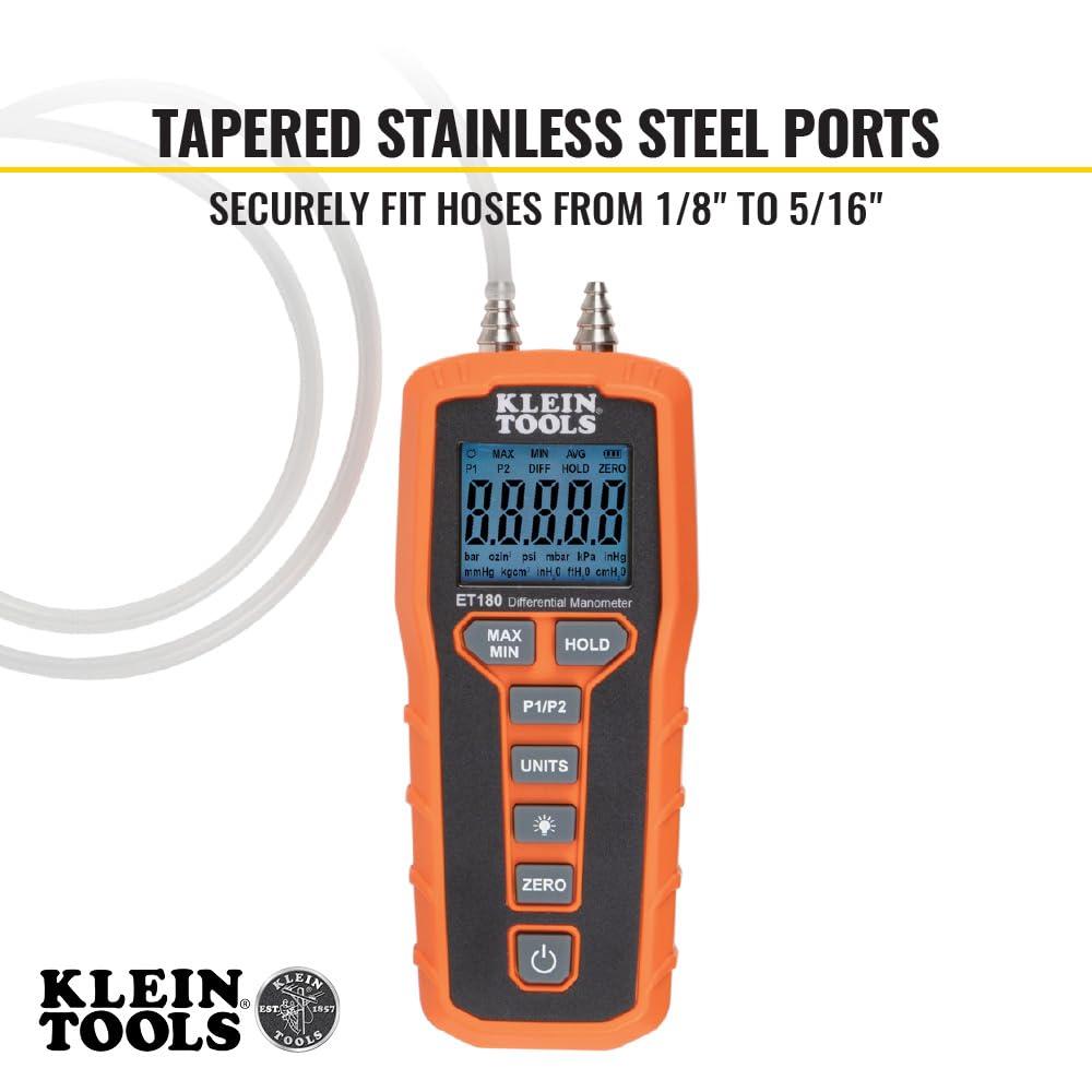 imageKlein Tools ET180 Digital Manometer Air and Gas Pressure Tester Differential Dual Port Pressure Gauge Large LCD Display with BacklightOne Size