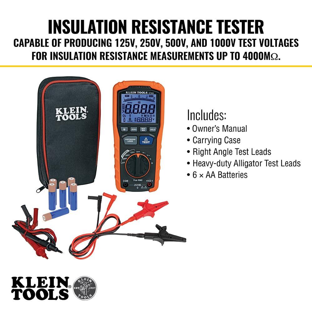 imageKlein Tools ET600 Multimeter Megohmmeter Insulation Tester 4000 Ohms Resistance 125V250V500V1000V AutoRanging TRMS MultimeterTester