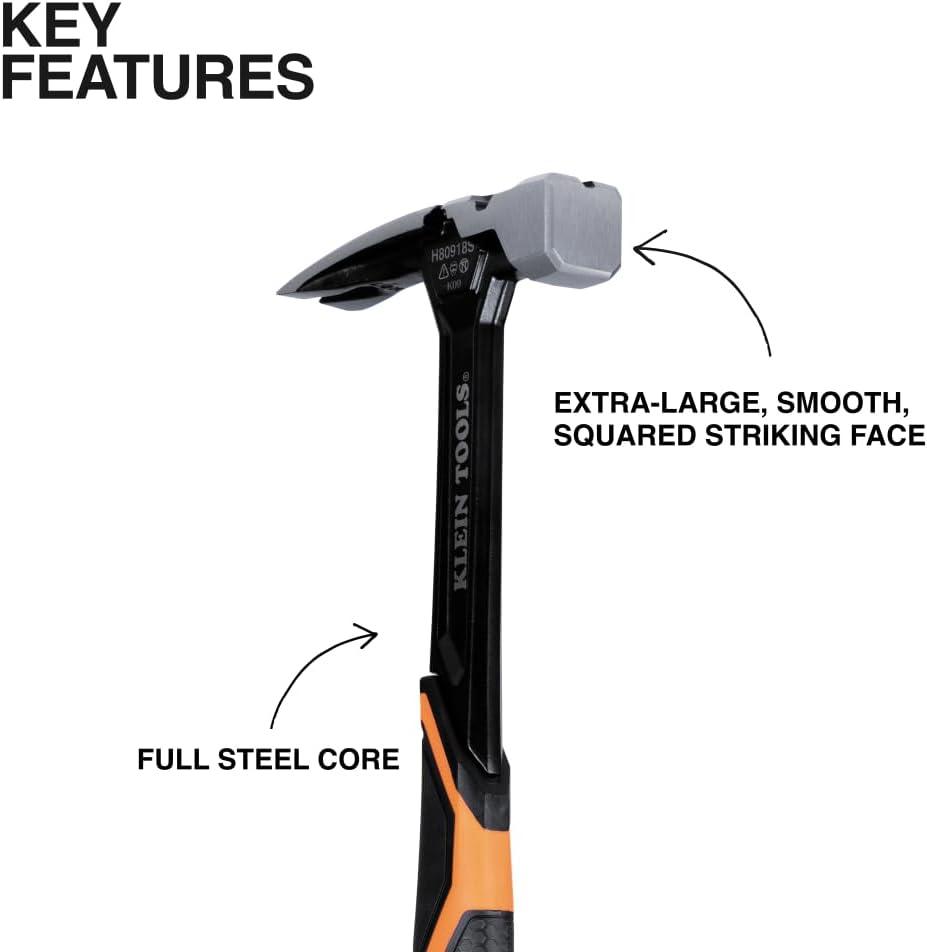 imageKlein Tools H80918S Smooth Face Framing Hammer with Straight Claw 18Ounce Forged Steel Magnetic Nail Starter and ExtraLarge Squared Strike Face