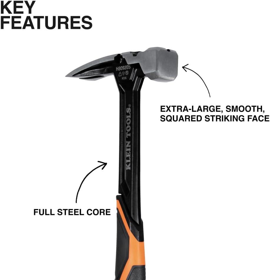 imageKlein Tools H80920S Smooth Face Framing Hammer with Straight Claw 20Ounce Forged Steel Magnetic Nail Puller and ExtraLarge Squared Strike Face20 oz