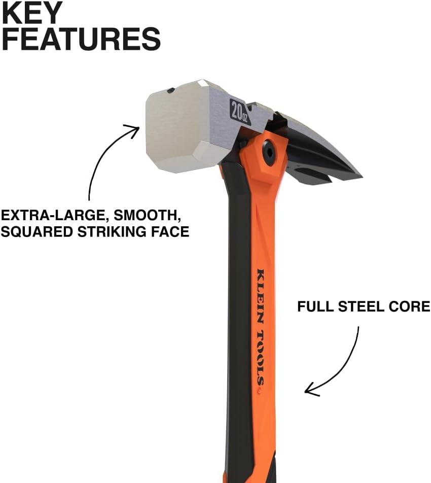 imageKlein Tools H80920S Smooth Face Framing Hammer with Straight Claw 20Ounce Forged Steel Magnetic Nail Puller and ExtraLarge Squared Strike Face20 oz