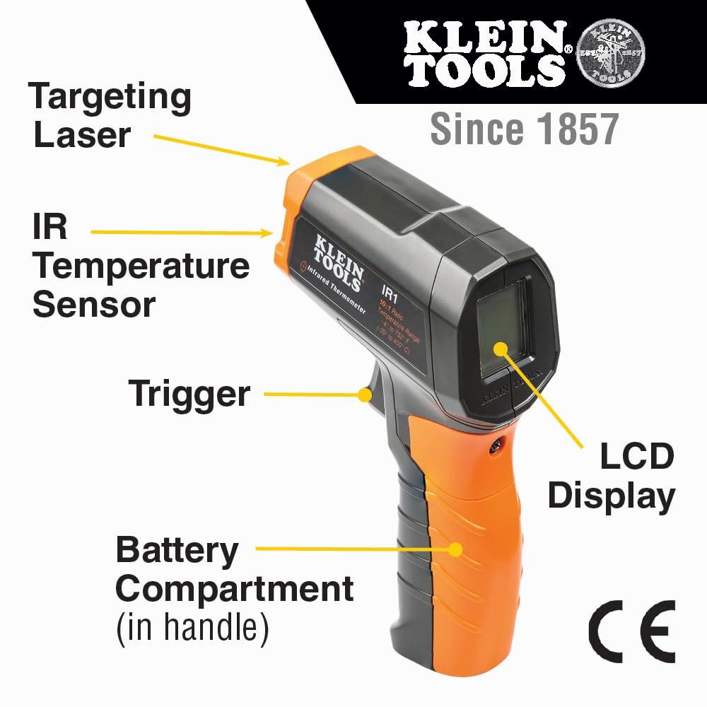 imageKlein Tools IR1 Infrared Thermometer Digital Laser Gun is NonContact Thermometer with a Temperature Range 4 to 752Degree FahrenheitIR Thermometer w3Piece Tester Kit