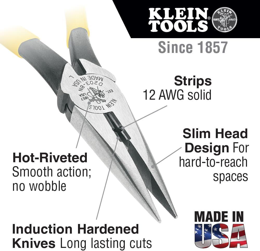 imageKlein Tools J2038 8Inch Needle Nose Pliers Heavy Duty Cutting Extended Handles High Leverage Induction Hardened with HotRiveted JointSide Cutters wStripping
