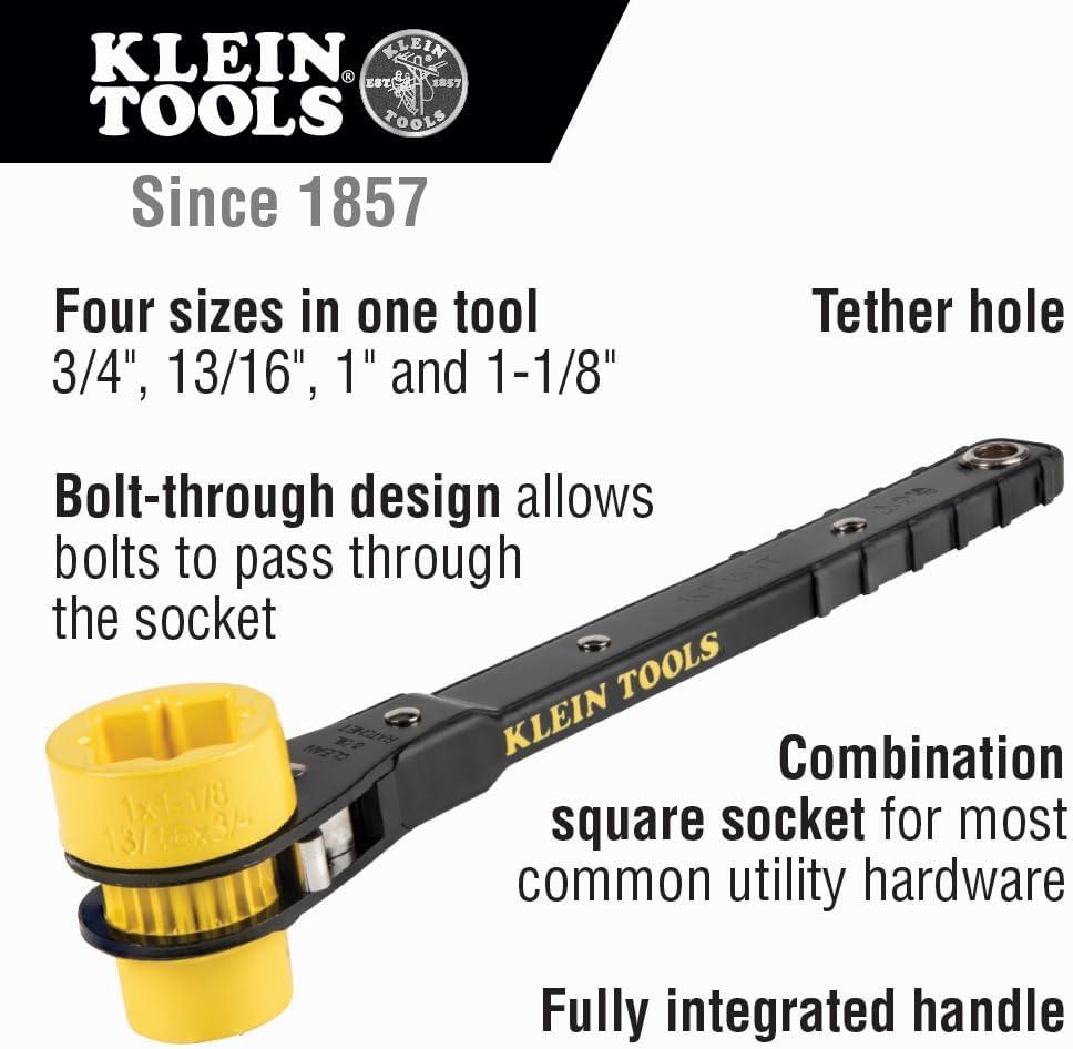 imageKlein Tools KT151T Linemans Ratcheting Wrench with BoltThrough Design 34Inch 1316Inch 1Inch x 118Inch Combination Square Socket