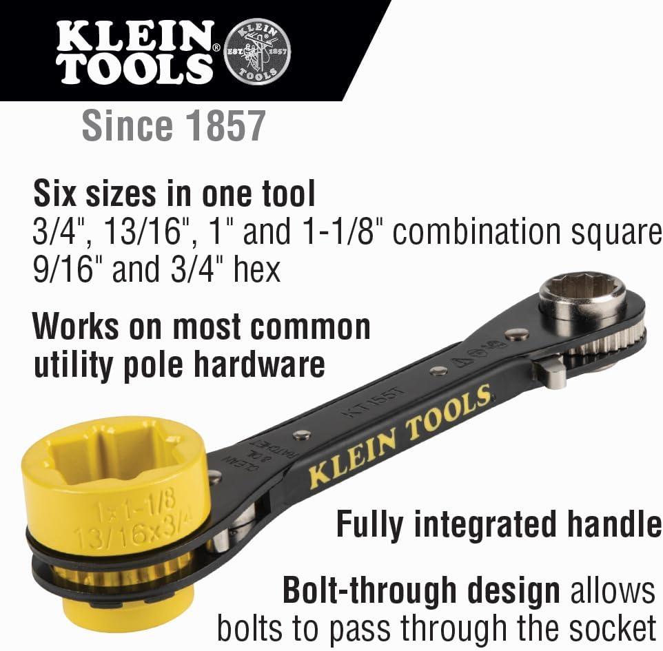 imageKlein Tools KT155T 6In1 Linemans Ratcheting Wrench with Bolt Through Design and Bright Yellow SocketOne Size