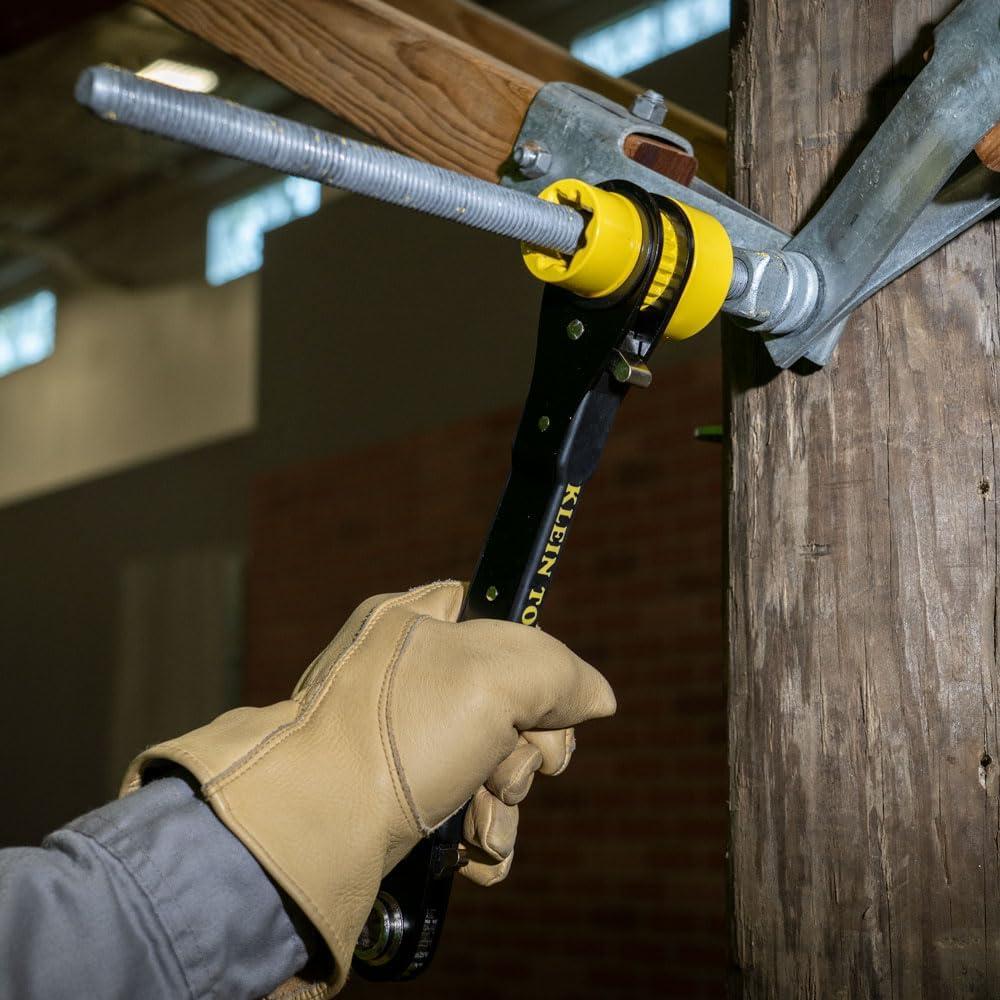 imageKlein Tools KT155T 6In1 Linemans Ratcheting Wrench with Bolt Through Design and Bright Yellow SocketOne Size