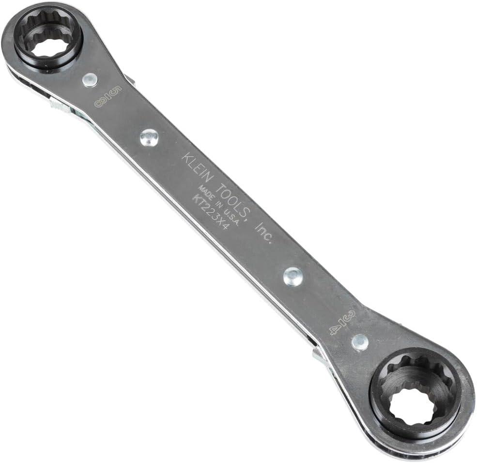 imageKlein Tools KT223X4 Linemans Ratcheting 4In1 Box Wrench Made in USA 12 916 58 and 34Inch Sockets