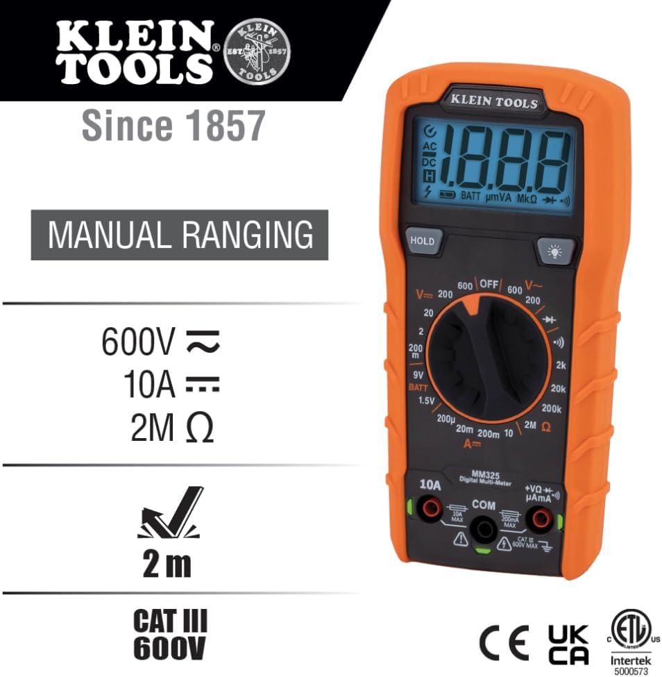 imageKlein Tools MM325 Multimeter Digital ManualRanging 600V ACDC Voltage Tester Tests Batteries Current Resistance Diodes and Continuity