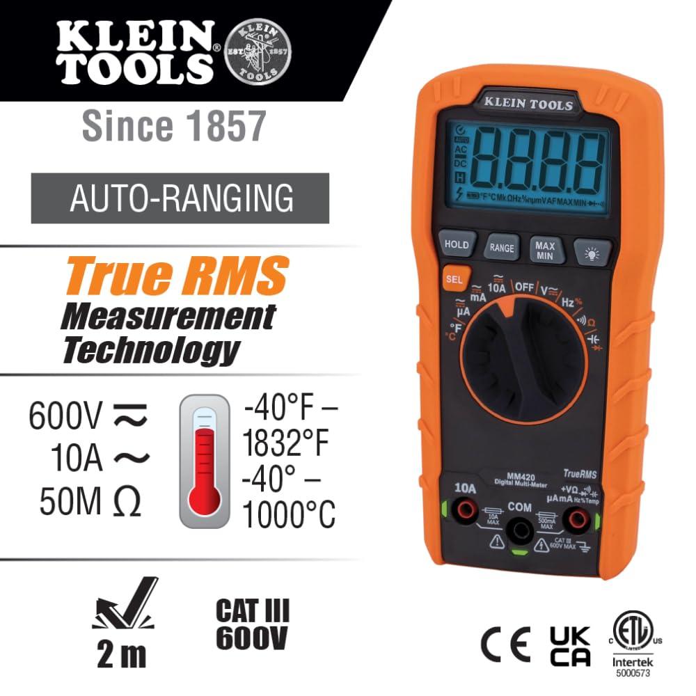imageKlein Tools MM420 Digital Multimeter AutoRanging TRMS Multimeter 600V ACDC Voltage 10A ACDC Current 50 MOhms ResistanceAutoRanging