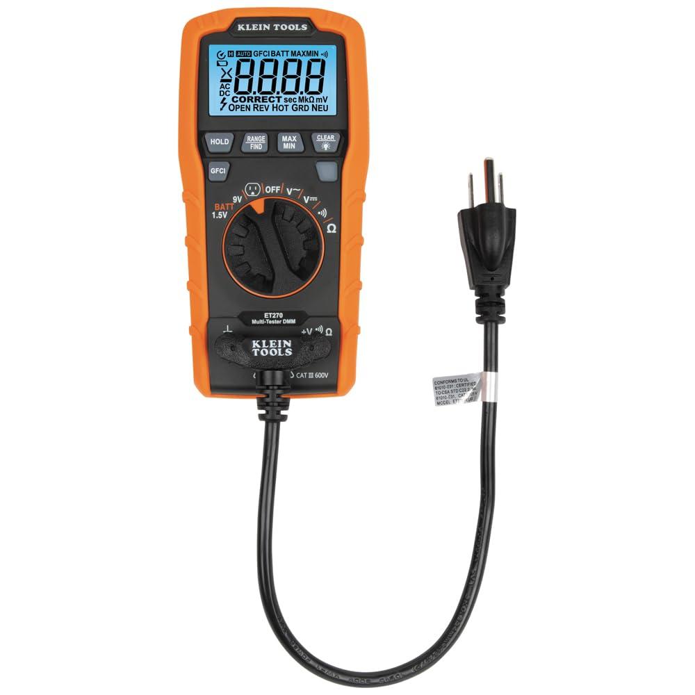 imageKlein Tools MM420 Digital Multimeter AutoRanging TRMS Multimeter 600V ACDC Voltage 10A ACDC Current 50 MOhms ResistanceGFCI Receptacle Tester