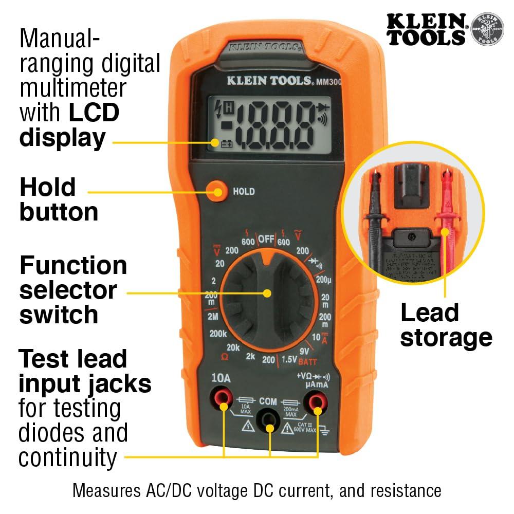 imageKlein Tools MM420 Digital Multimeter AutoRanging TRMS Multimeter 600V ACDC Voltage 10A ACDC Current 50 MOhms ResistanceTest Kit