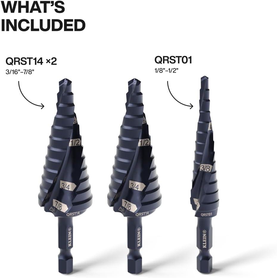 imageKlein Tools QRST2S QuickRelease Step Bit Set 3Piece Durable Aluminum Titanium Coating ImpactRated Hex Shank