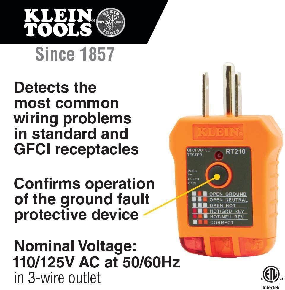 imageKlein Tools RT210 Outlet Tester Receptacle Tester for GFCI  Standard North American AC Electrical Outlets Detects Common Wiring Problems