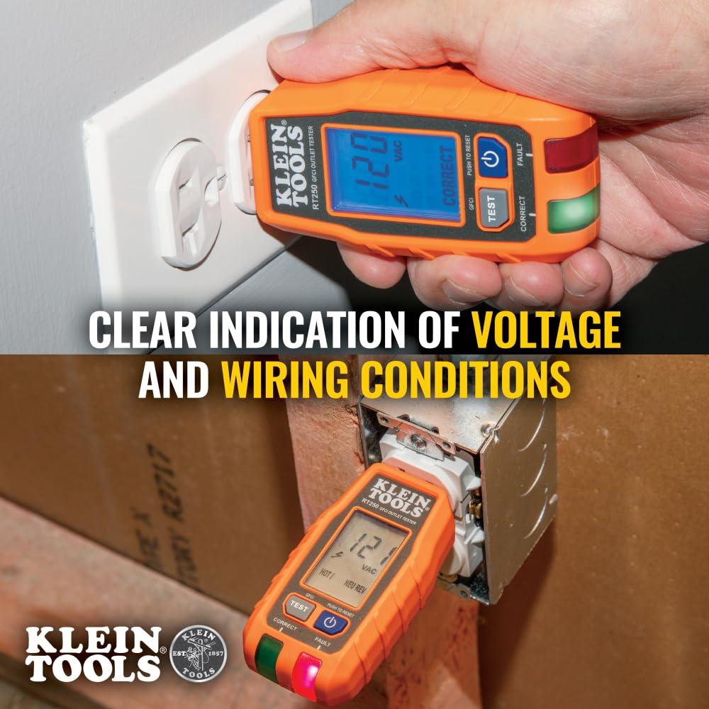imageKlein Tools RT250 GFCI Outlet Tester with LCD Display Electric Voltage Tester for Standard 3Wire 120V Electrical ReceptaclesReceptacle Tester