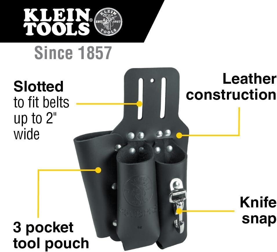 imageKlein Tools S5118PRS Leather Tool Holder with 3 Pockets for Pliers Folding Rule Screwdriver and Knife Snap Fits Belts up to 2Inch Wide