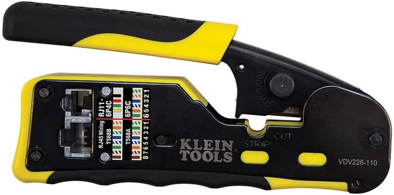 imageKlein Tools VDV226110 Ratcheting Modular Data Cable Crimper  Wire Stripper  Wire Cutter for RJ11RJ12 Standard RJ45 PassThru ConnectorsCrimper  50 Plugs