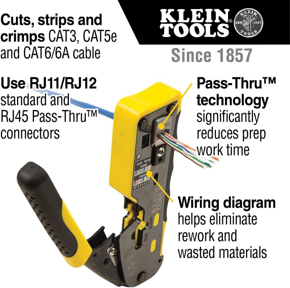 imageKlein Tools VDV226110 Ratcheting Modular Data Cable Crimper  Wire Stripper  Wire Cutter for RJ11RJ12 Standard RJ45 PassThru ConnectorsCrimper  50 Plugs