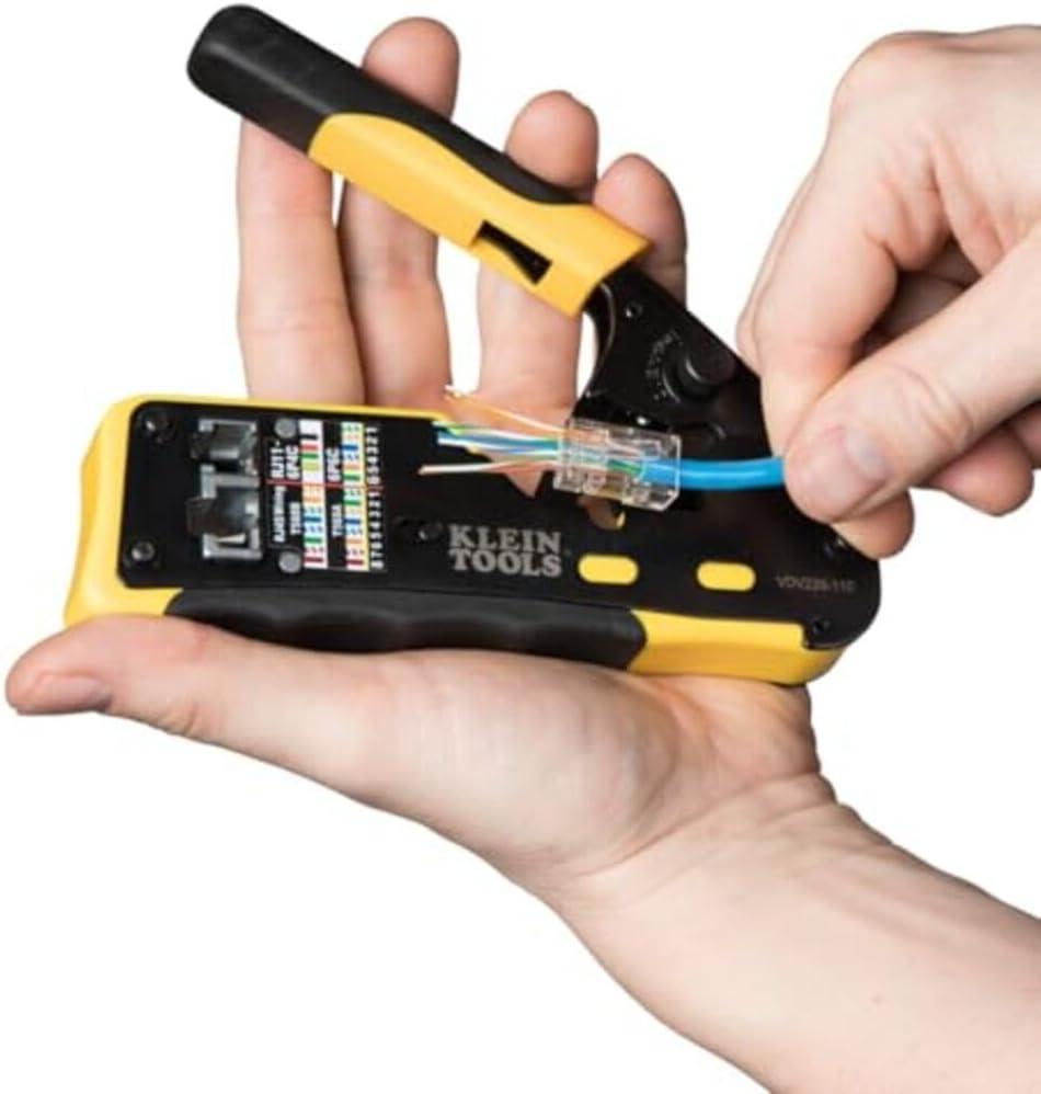 imageKlein Tools VDV226110 Ratcheting Modular Data Cable Crimper  Wire Stripper  Wire Cutter for RJ11RJ12 Standard RJ45 PassThru ConnectorsCrimper