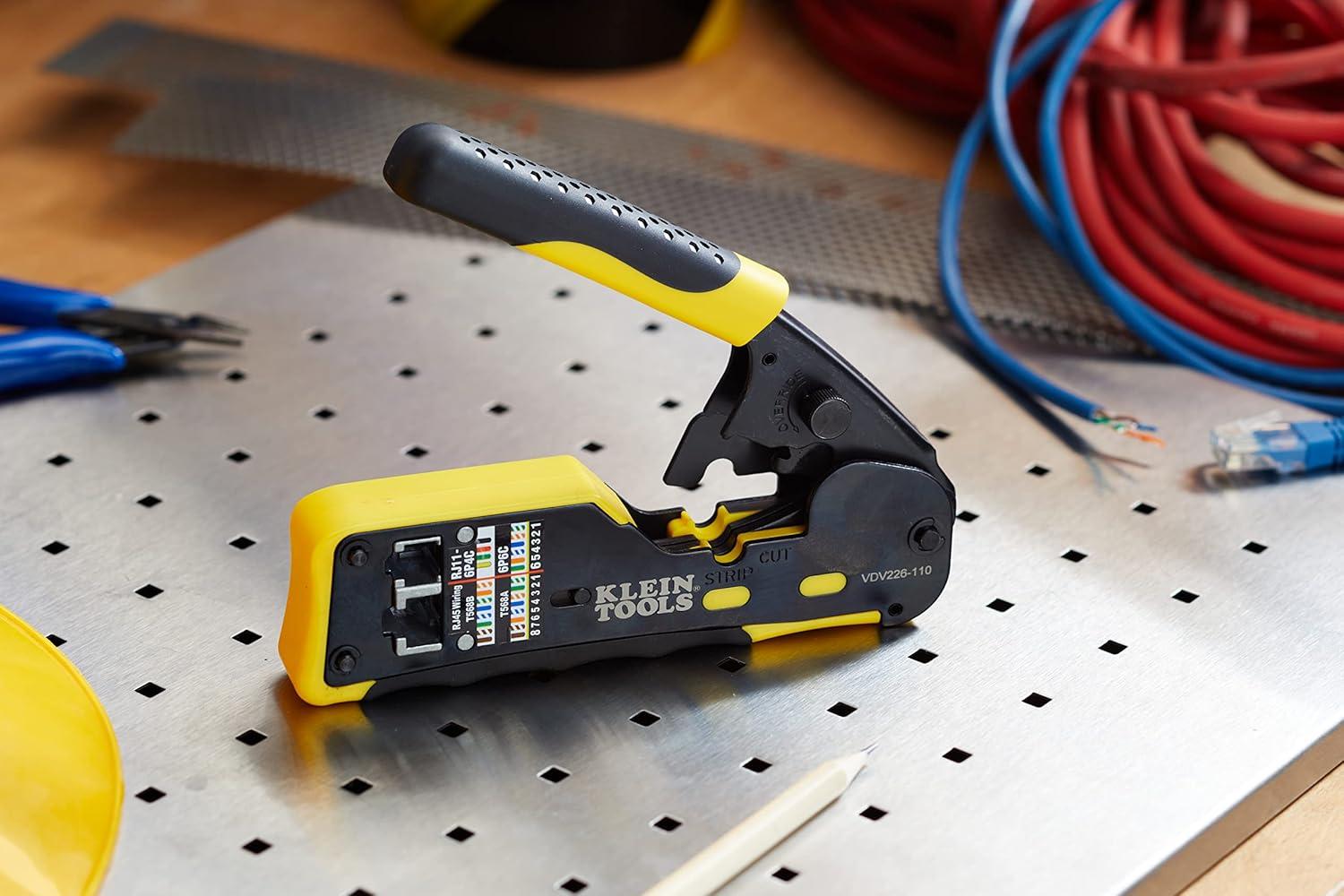 imageKlein Tools VDV226110 Ratcheting Modular Data Cable Crimper  Wire Stripper  Wire Cutter for RJ11RJ12 Standard RJ45 PassThru ConnectorsCrimper