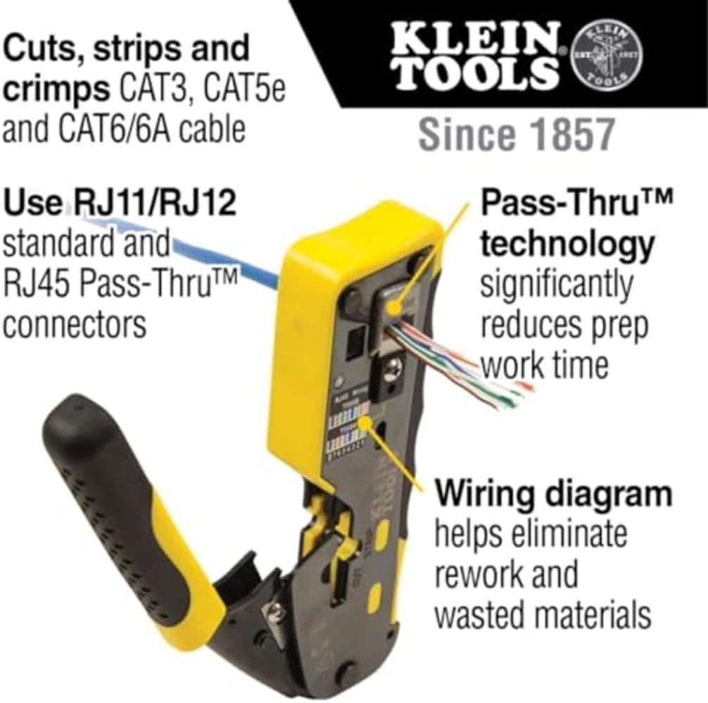 imageKlein Tools VDV226110 Ratcheting Modular Data Cable Crimper  Wire Stripper  Wire Cutter for RJ11RJ12 Standard RJ45 PassThru ConnectorsCrimper