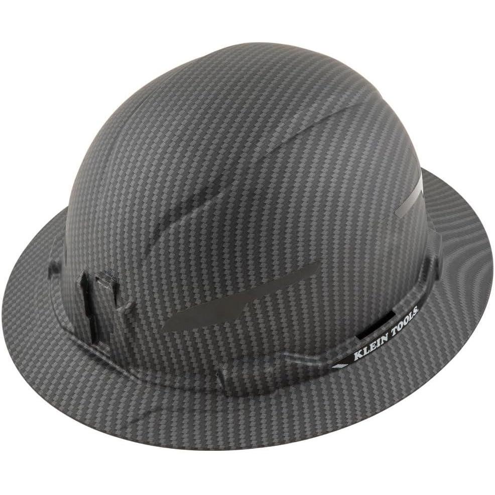 imageKlein Tools 60346 Hard Hat NonVented Full Brim Class E Premium KARBN Pattern Rechargeable Lamp Padded SweatWicking Sweatband Top PadHard Hat