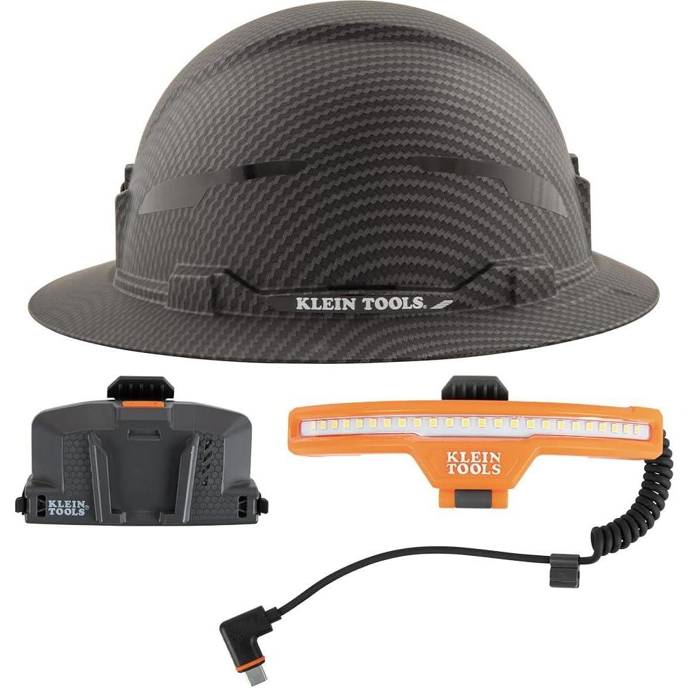 imageKlein Tools 60346 Hard Hat NonVented Full Brim Class E Premium KARBN Pattern Rechargeable Lamp Padded SweatWicking Sweatband Top PadHard Hat wWide Beam Headlamp