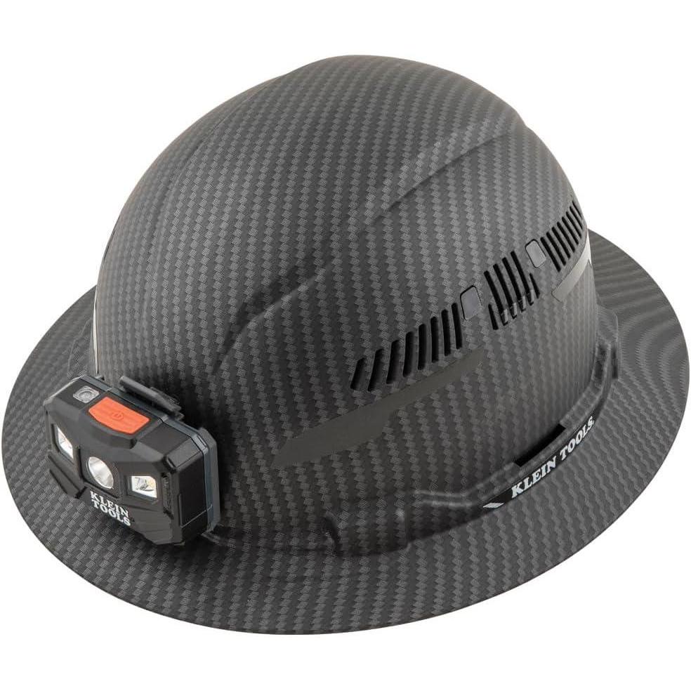 imageKlein Tools 60347 Hard Hat Vented Full Brim Class C Premium KARBN Pattern Rechargeable Lamp Padded SweatWicking Sweatband Top Pad