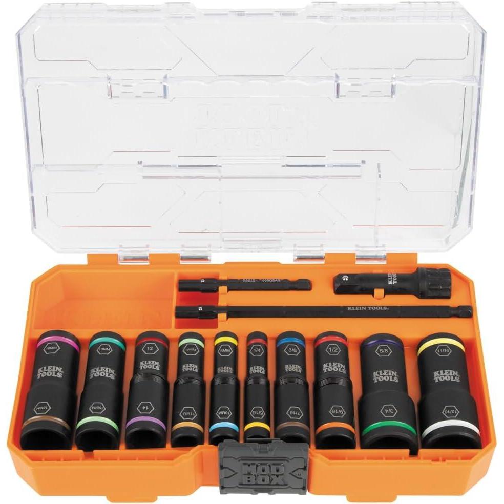imageKlein Tools 65239 KNECT Flip20 Deep Impact Socket Set 20 SAE and Metric Socket Sizes with MODbox Case Heavy Duty Flip Sockets with 14 and 38Inch AdaptersSAE  Metric Set
