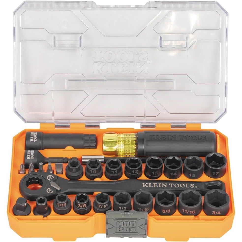 imageKlein Tools 65400KNECT KNECT Essential Pass Through Impact Socket Set SAE and Metric 90Tooth Ratchet MODbox Case 38Inch Drive 28Piece