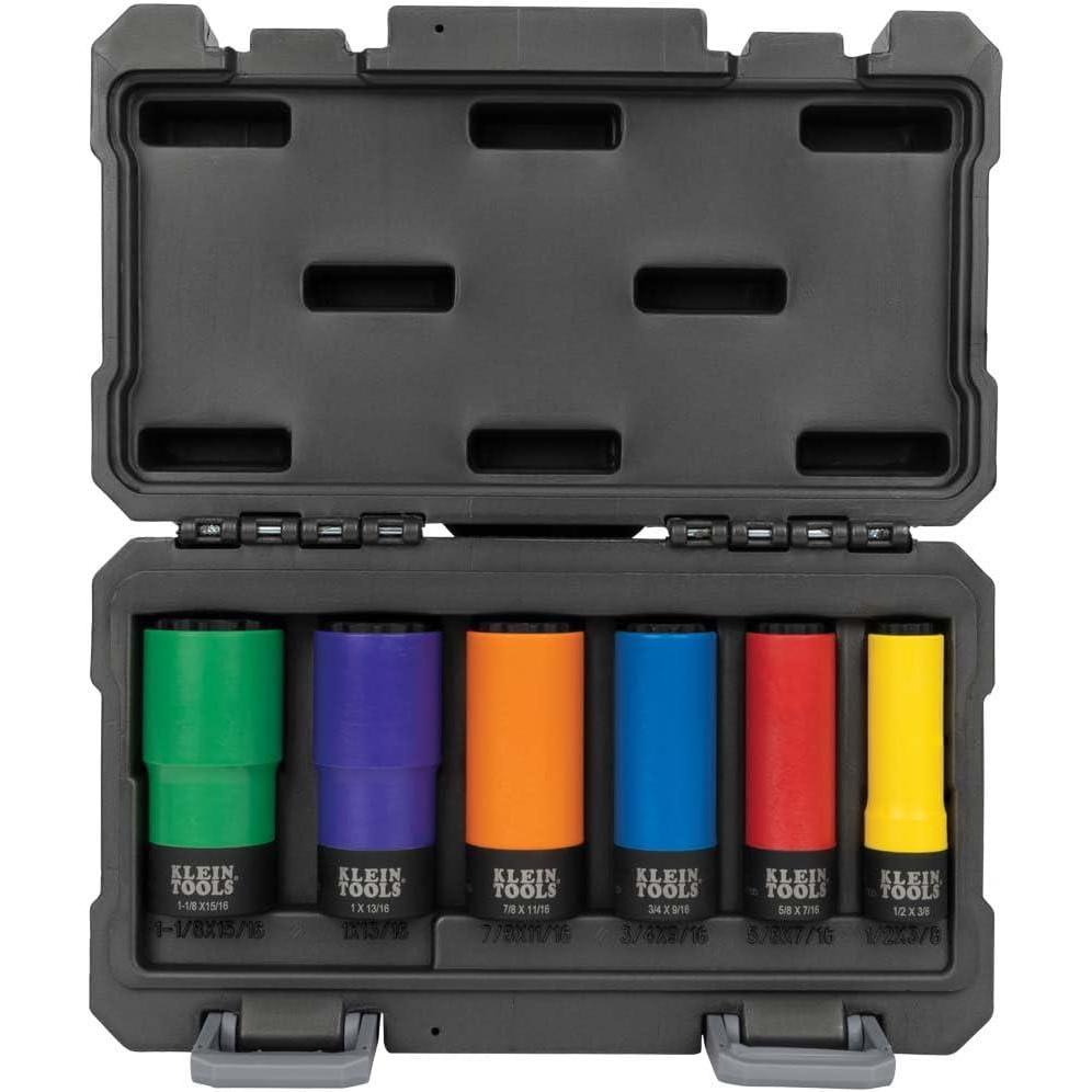 imageKlein Tools 66010 2in1 SAE Impact Socket Set 6Piece Tool Set with 12Point Deep Sockets with 12Inch Drive Includes Tool CaseColor Coded