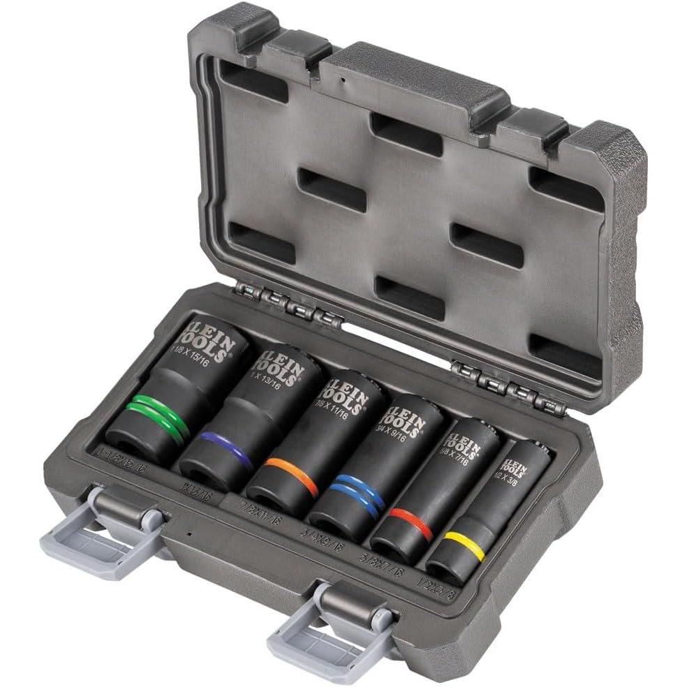 imageKlein Tools 66090 12Inch Impact Socket Set 2in1 Slotted Design 12Point Deep Sockets for Impact Wrenches Includes Tool Case 6Piece