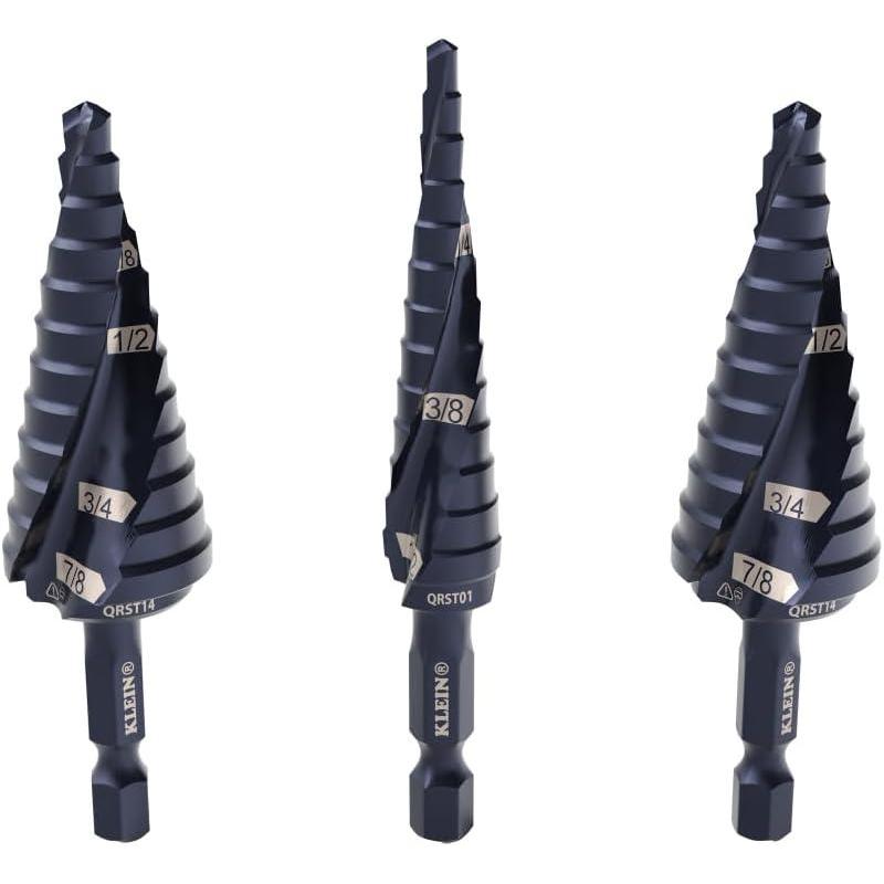 imageKlein Tools QRST2S QuickRelease Step Bit Set 3Piece Durable Aluminum Titanium Coating ImpactRated Hex Shank
