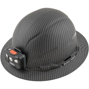 imageKlein Tools 60346 Hard Hat NonVented Full Brim Class E Premium KARBN Pattern Rechargeable Lamp Padded SweatWicking Sweatband Top PadHard Hat wRechargeable Light