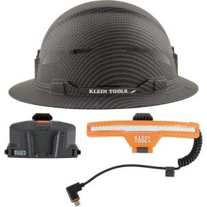imageKlein Tools 60346 Hard Hat NonVented Full Brim Class E Premium KARBN Pattern Rechargeable Lamp Padded SweatWicking Sweatband Top PadHard Hat wWide Beam Headlamp