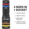 imageKlein Tools 656QS KNECT Quad Socket 24 Sizes in 6 Sockets 4in1 Color Coded SAE and Metric Impact Rated DeepWell HeavyDuty 14and 38Inch Drive 312and 612Inch ShaftQuad Socket