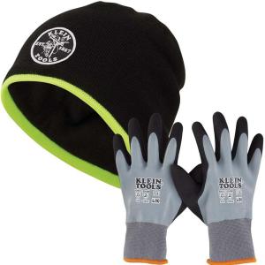 imageKlein Tools 60391 Knit Beanie Thermal Fleece Winter Hat Windproof Fits under Helmets Black with HighVisibility Yellow Band TrimWinter Kit  Large