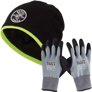 imageKlein Tools 60391 Knit Beanie Thermal Fleece Winter Hat Windproof Fits under Helmets Black with HighVisibility Yellow Band TrimWinter Kit  XLarge