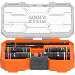 imageKlein Tools 656QS KNECT Quad Socket 24 Sizes in 6 Sockets 4in1 Color Coded SAE and Metric Impact Rated DeepWell HeavyDuty 14and 38Inch Drive 312and 612Inch Shaft8 SAE  8 Metric Sizes