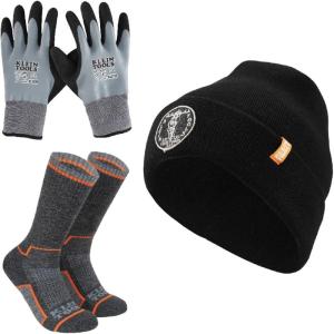 imageKlein Tools 80112 Winter Knit Hat Kit Features Knit Beanie Thermal Dipped Winter Gloves and Performance Thermal Socks XLarge 3Piece Black