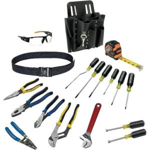 imageKlein Tools 80118 Electrician Tool Kit with Klein Hand Tools and Eye Protection Comes in 10Pocket Leather Tool Pouch 18Piece