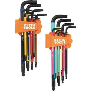 imageKlein Tools BLS18 Hex Key Wrench Set Color Coded SAE and Metric HeatTreated LStyle Long Arm and Ball End 116Inch to 38Inch and 15 mm to 10 mm 18PieceSAE  Metric
